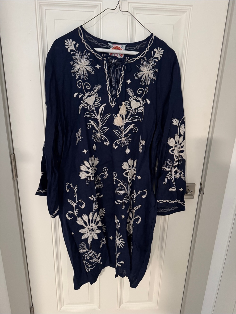 Johnny Was Navy Tunic with Cream Floral Embroidery and Tassel